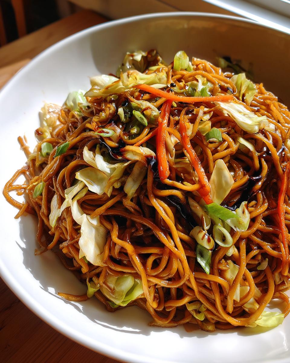 A close-up of a white bowl filled with glossy, dark brown fried noodles mixed with cabbage and carrots.