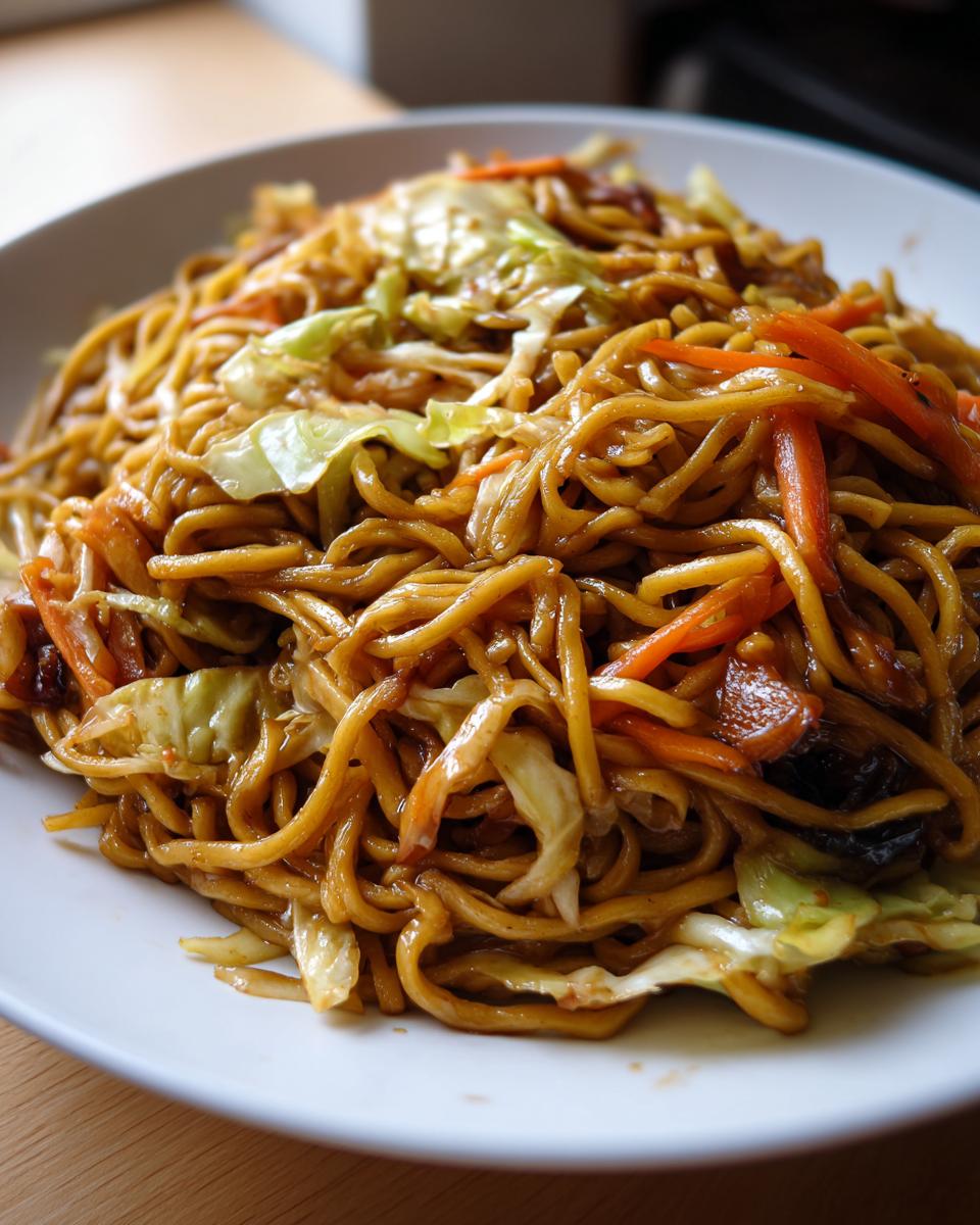 A close-up shot of a generous serving of savory, brown sauce coated fried noodles mixed with shredded cabbage and carrots.