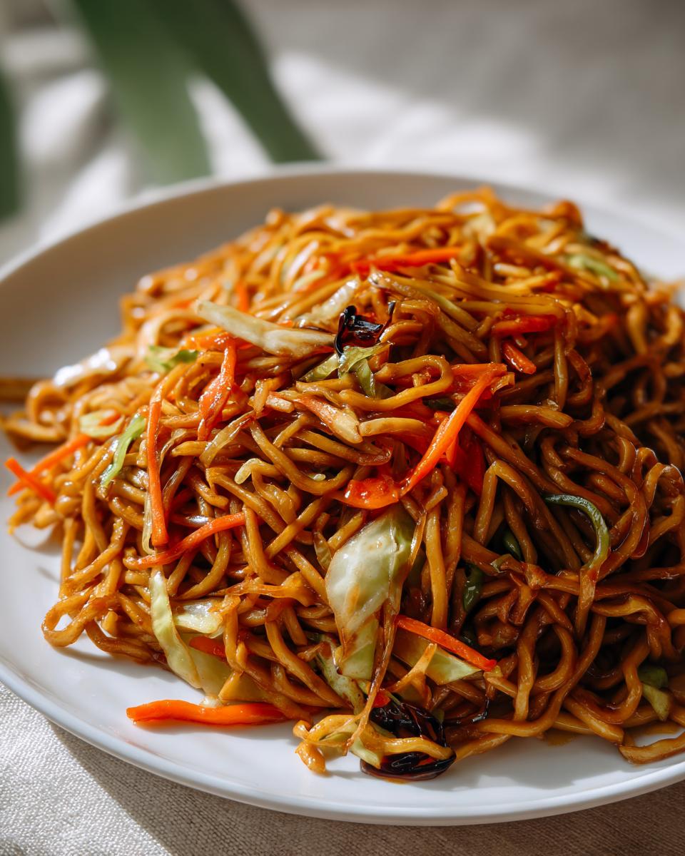 A close-up view of a generous serving of glossy, brown fried noodles mixed with shredded carrots and cabbage.