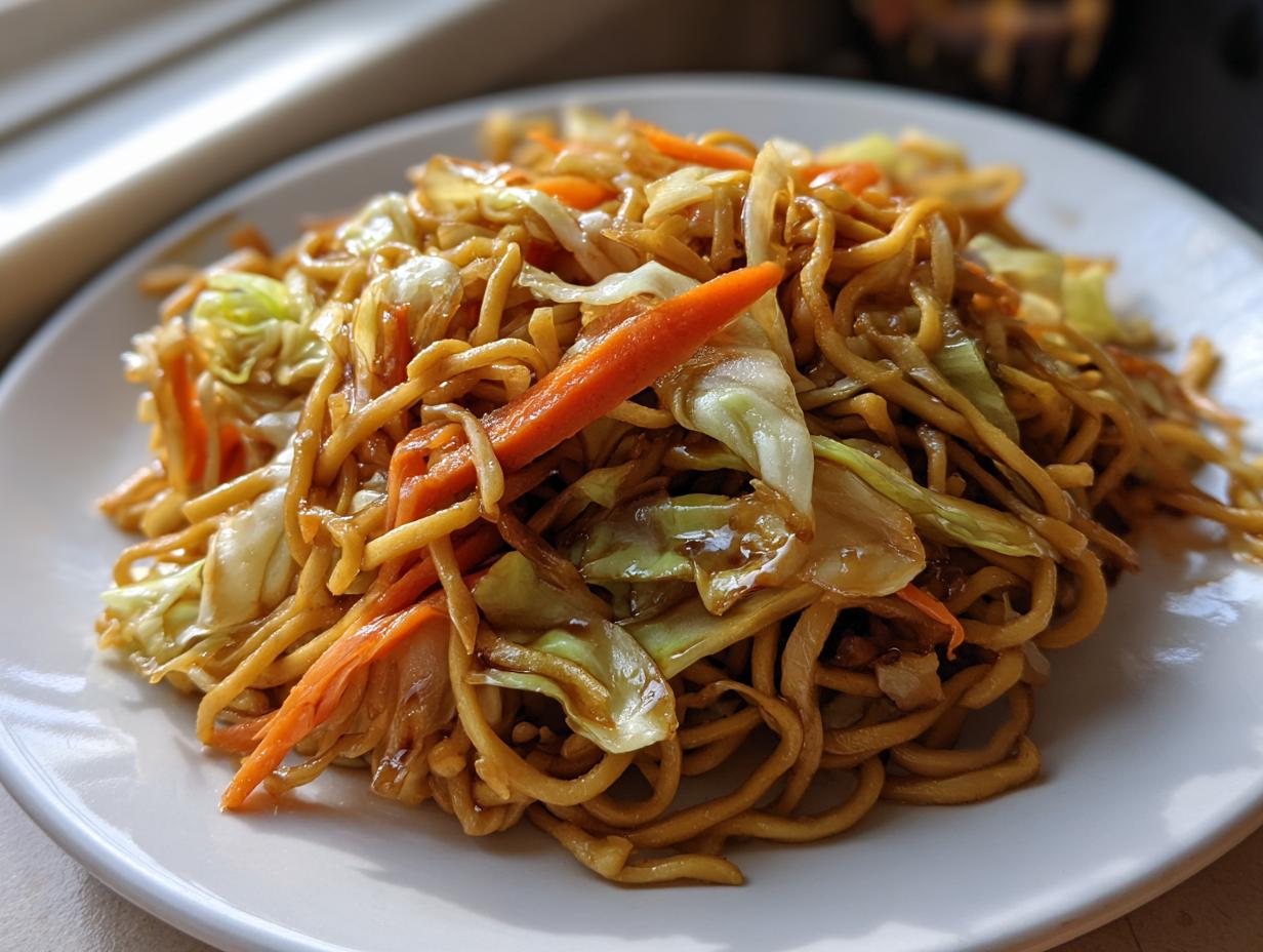 Close-up of a white plate piled high with glossy, savory fried noodles mixed with shredded cabbage and julienned carrots.