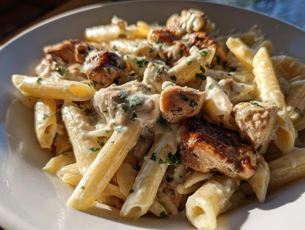 Close-up of penne pasta tossed in a rich, creamy garlic parmesan sauce with chunks of seared chicken.