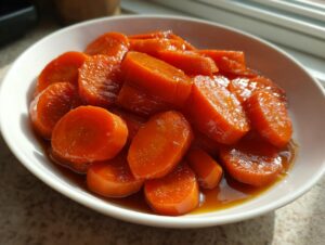 Close-up of bright orange, thickly sliced glazed carrots soaking in a sweet, brown sauce in a white bowl.