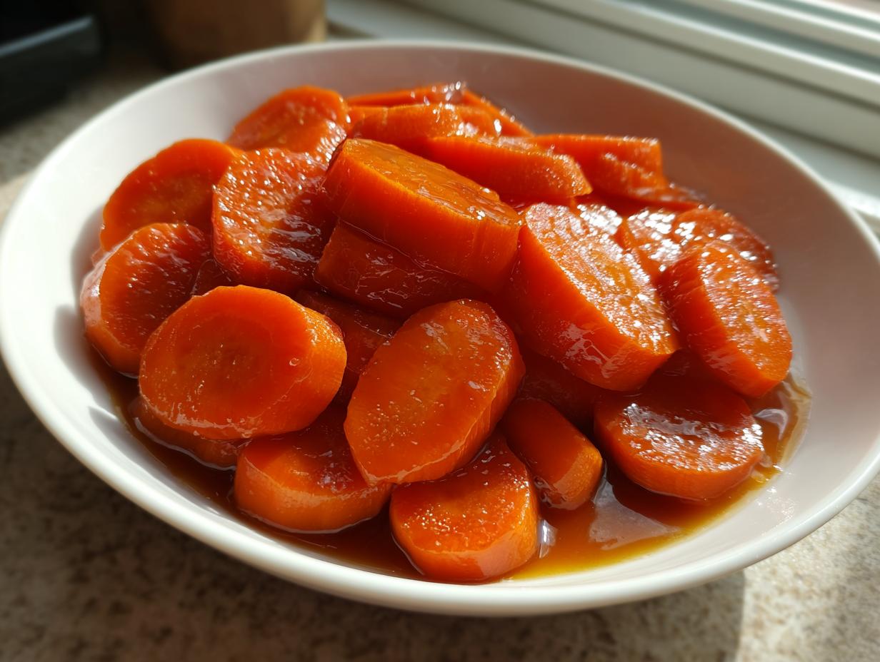 Close-up of bright orange, thickly sliced glazed carrots soaking in a sweet, brown sauce in a white bowl.