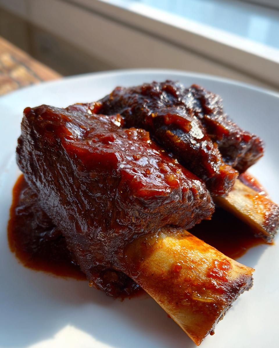 Close-up of two tender braised short ribs coated in a thick, dark red sauce, resting on a white plate.