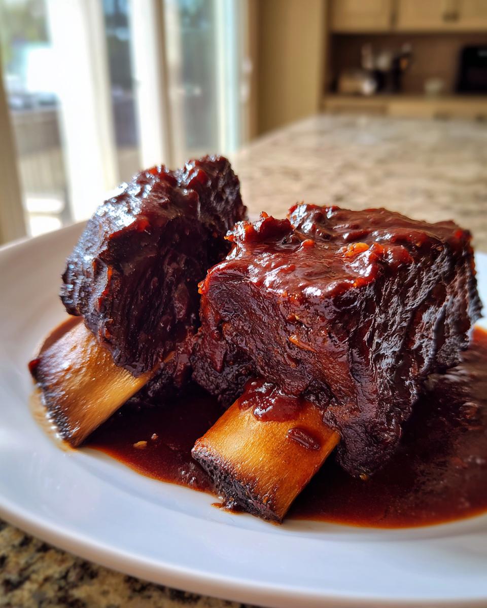 Two rich, dark, and glossy braised short ribs covered in thick sauce, resting on a white plate.