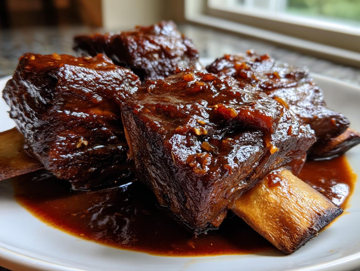 Close-up of four tender braised short ribs coated in a rich, dark glaze, served on a white plate.