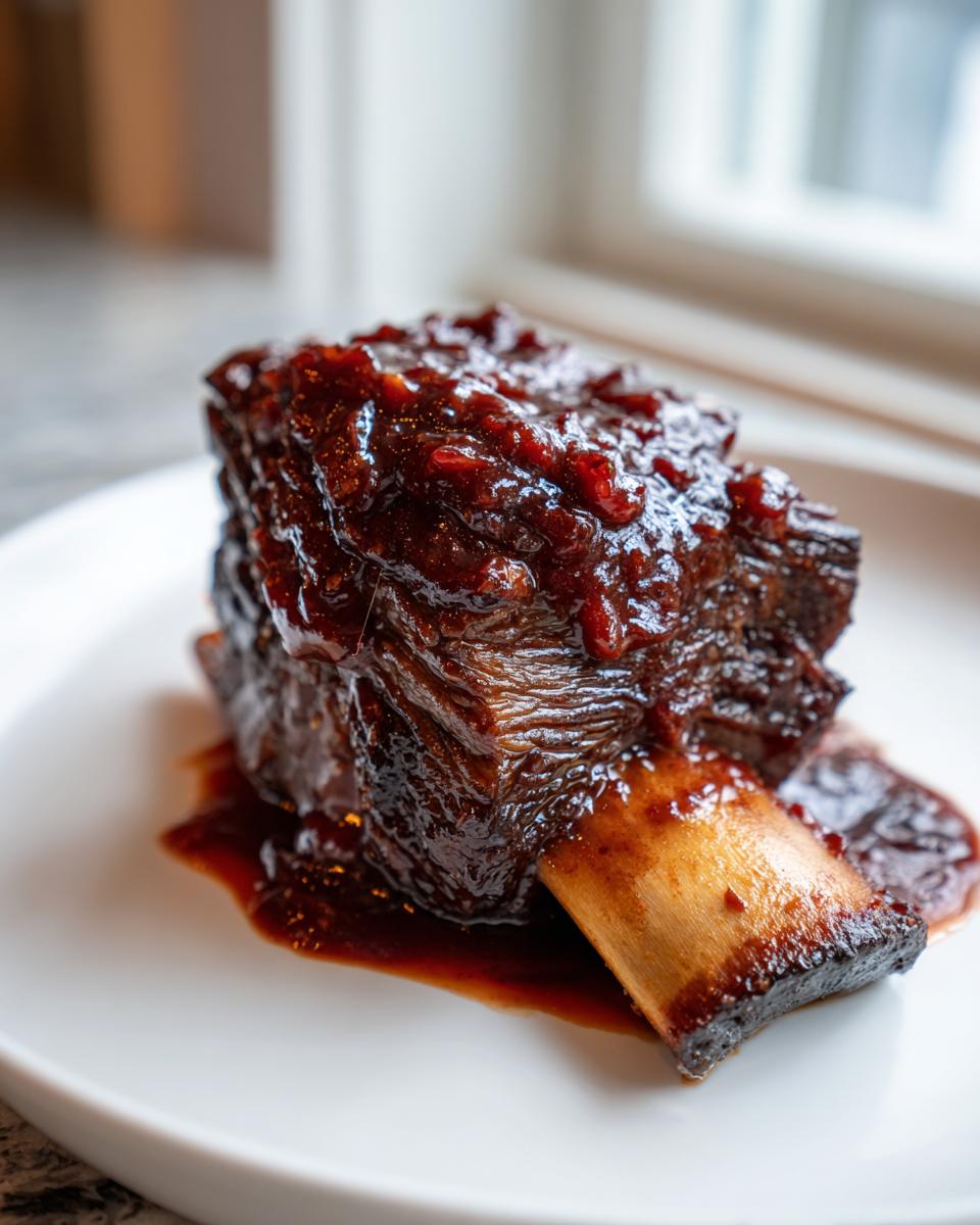 Close-up of a tender, dark braised short ribs piece covered in rich, glossy sauce, served on a white plate.
