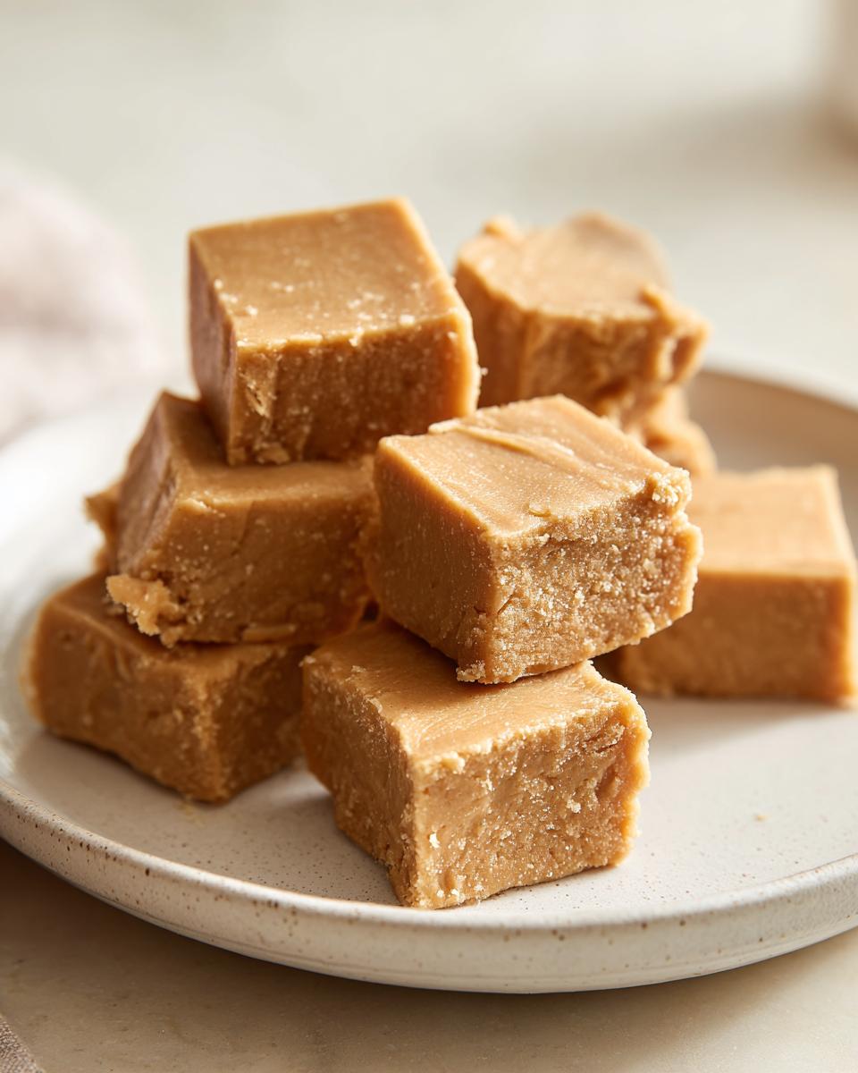 A stack of creamy, light brown cubes of peanut butter fudge recipe served on a speckled white plate.