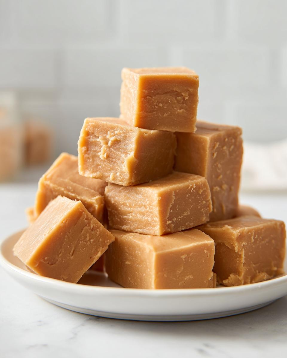 A stack of creamy, light brown cubes of peanut butter fudge recipe resting on a small white plate.