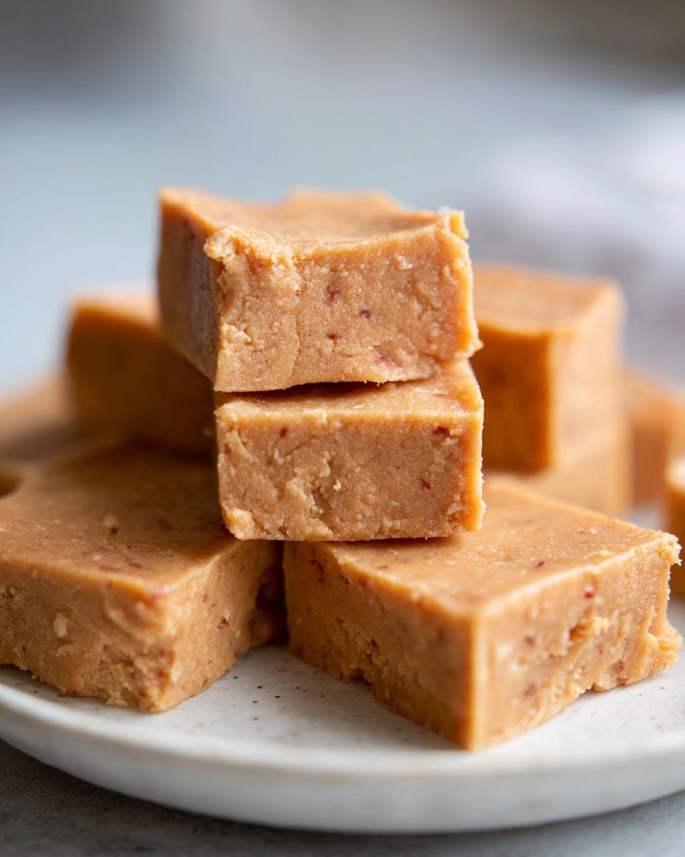 Close-up of stacked, creamy squares of peanut butter fudge recipe on a speckled white plate.