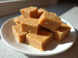 A stack of creamy, light brown squares of homemade peanut butter fudge recipe on a white plate.