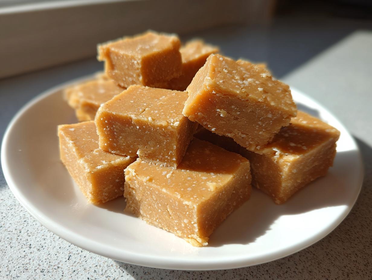 A stack of creamy, light brown squares of homemade peanut butter fudge recipe on a white plate.