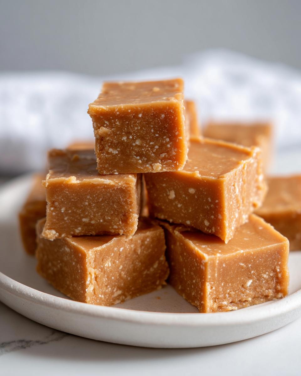 Close-up of stacked, creamy squares of homemade peanut butter fudge recipe on a white plate.