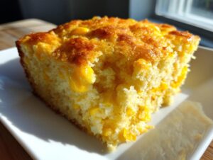 Close-up of a moist slice of golden cornbread casserole studded with whole kernel corn.