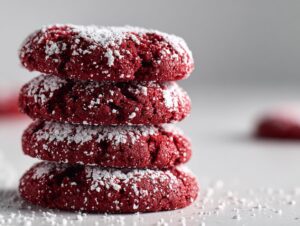 A stack of four vibrant red velvet cake mix cookies dusted heavily with powdered sugar.