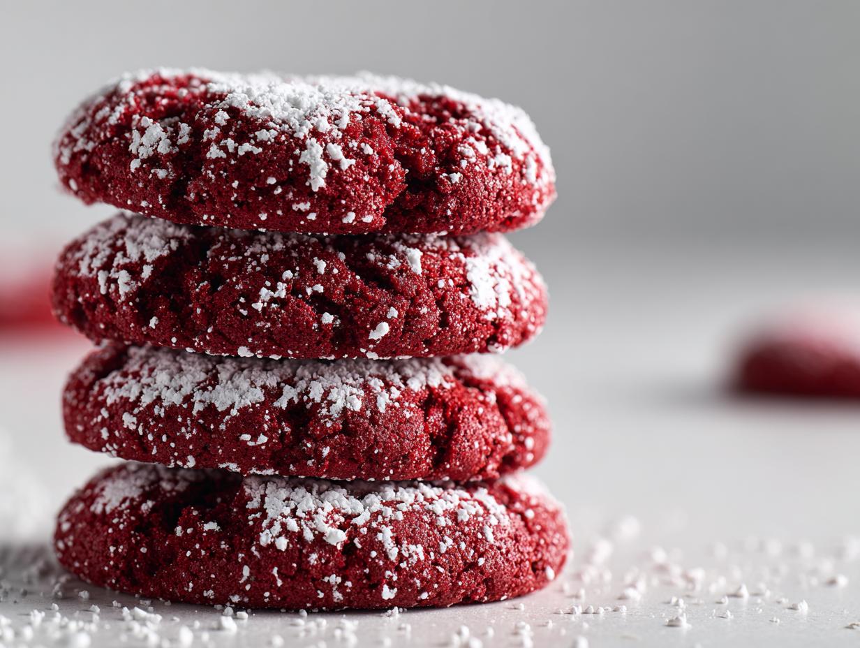 A stack of four vibrant red velvet cake mix cookies dusted heavily with powdered sugar.