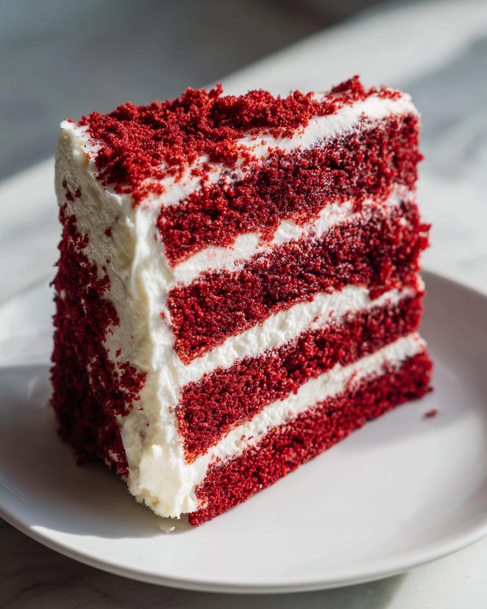 A tall, moist slice of red velvet cake with thick cream cheese frosting layers.
