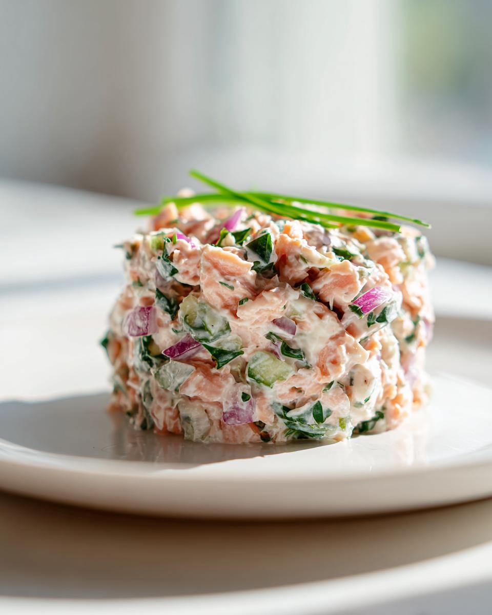 A molded serving of creamy salmon salad with visible chunks of salmon, red onion, and cucumber, topped with chives.