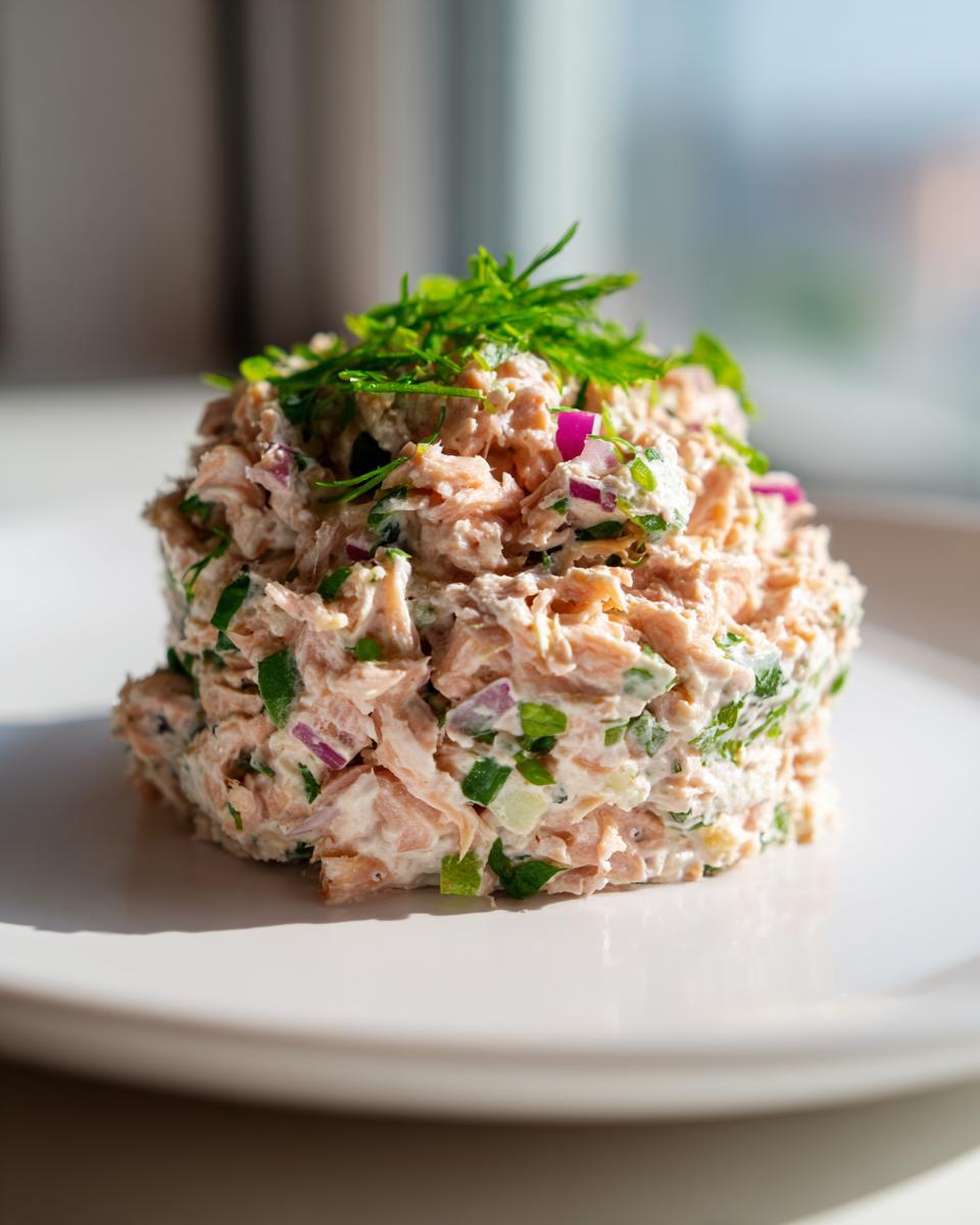 A mound of creamy salmon salad mixed with red onion and herbs, garnished with fresh dill.