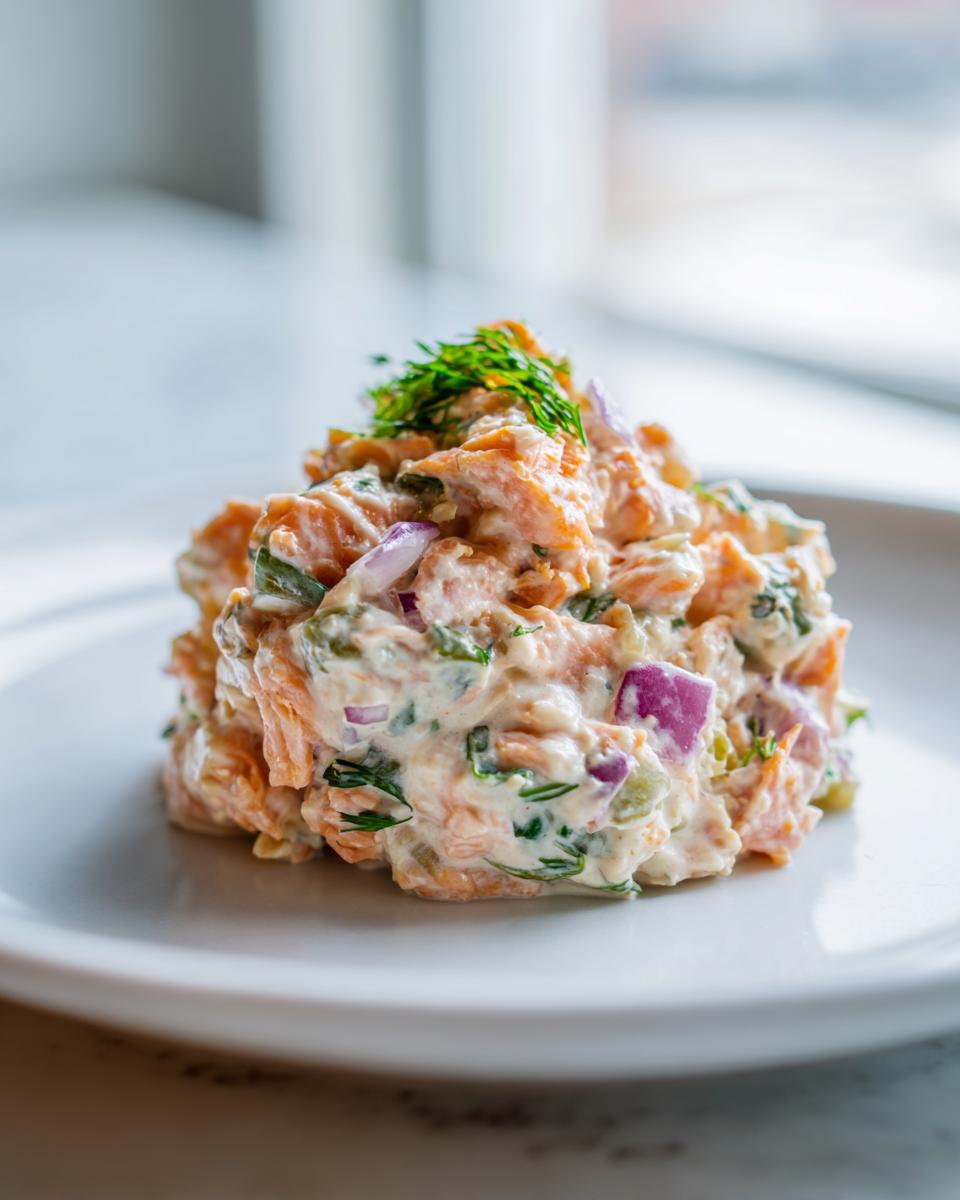 A close-up serving of creamy salmon salad mixed with red onion and topped with fresh dill.