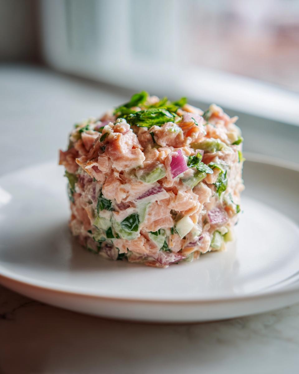 A molded serving of creamy salmon salad with visible chunks of pink salmon, red onion, and green celery, garnished with fresh herbs.