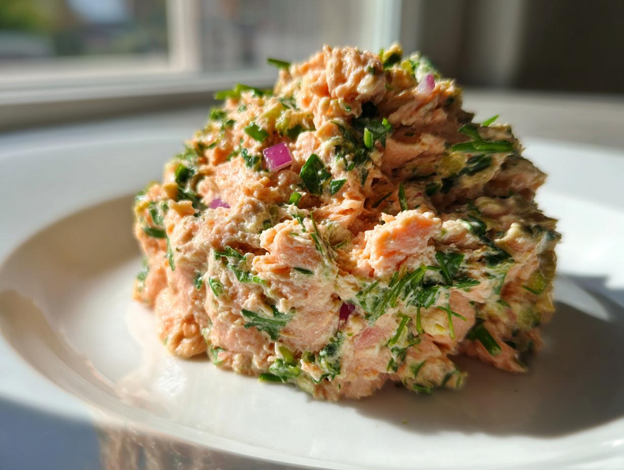A mound of creamy, fresh salmon salad mixed with green herbs and red onion served on a white plate.