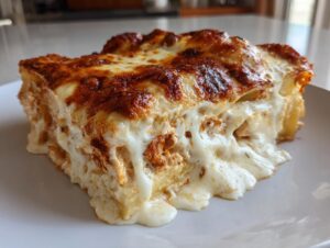 A close-up of a rich, cheesy slice of chicken lasagna with a golden-brown, bubbly top layer.