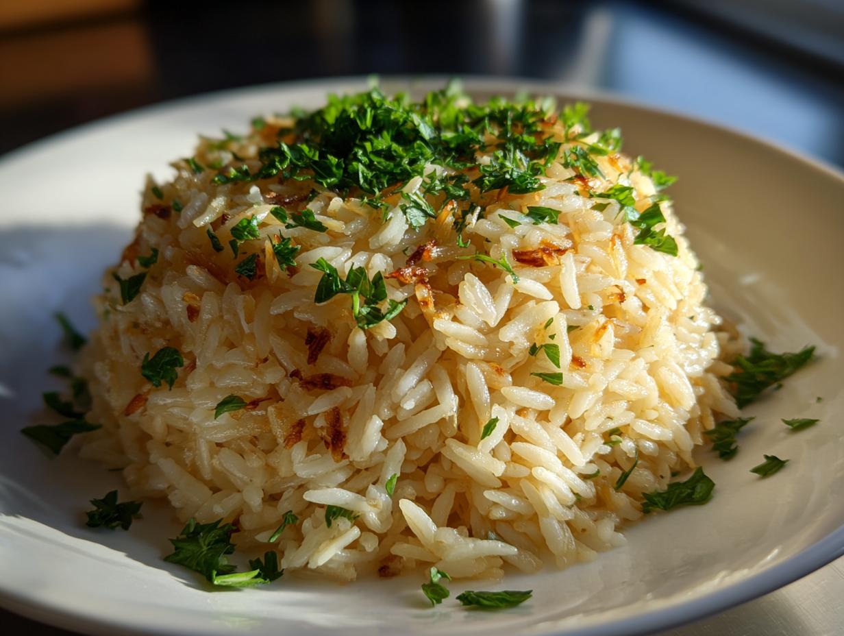 A mound of fluffy, golden rice pilaf garnished generously with fresh chopped parsley on a white plate.