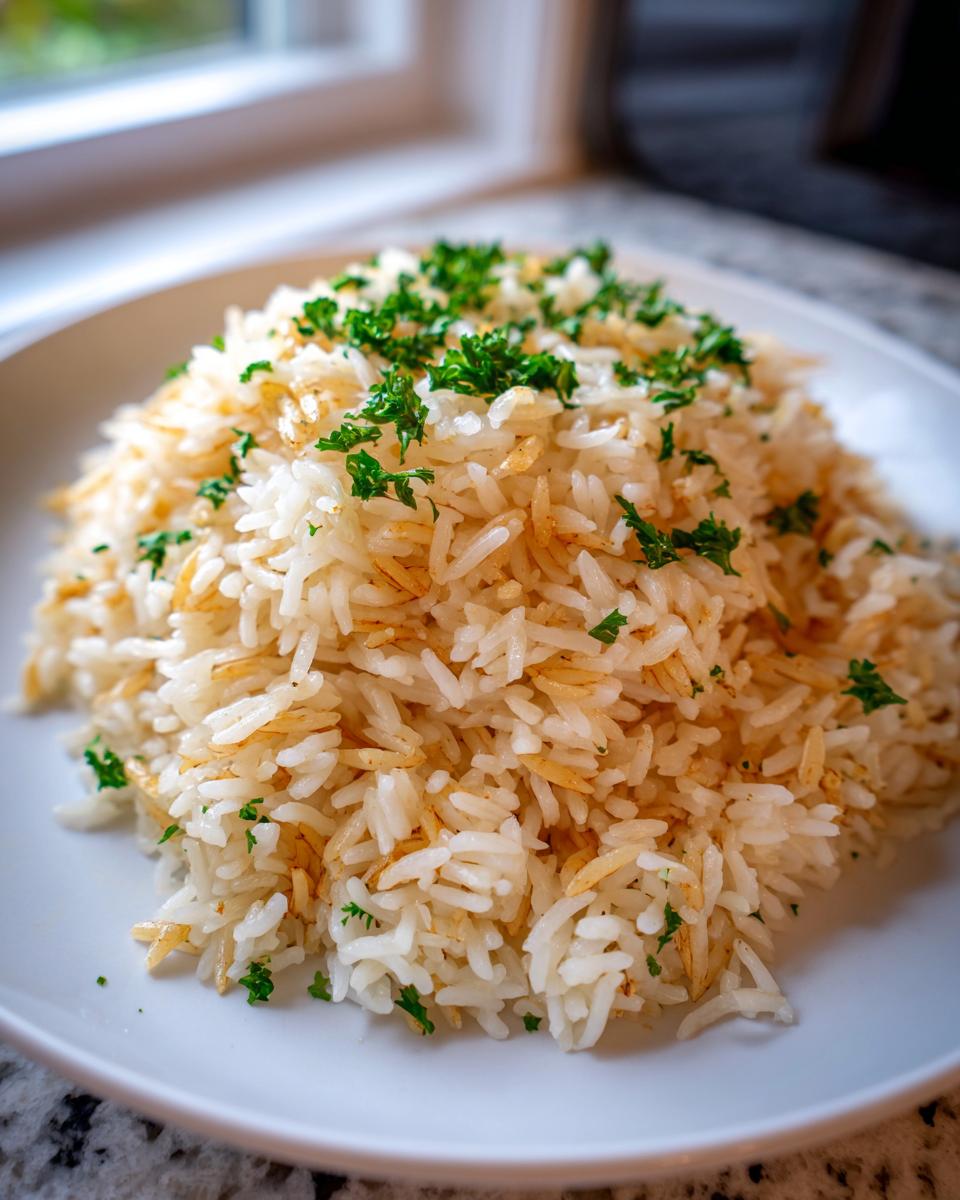 A mound of fluffy rice pilaf, featuring toasted vermicelli mixed with white rice, topped with fresh chopped parsley.