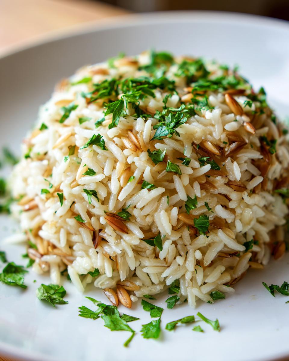 A mound of fluffy rice pilaf mixed with toasted vermicelli and topped with fresh chopped parsley.