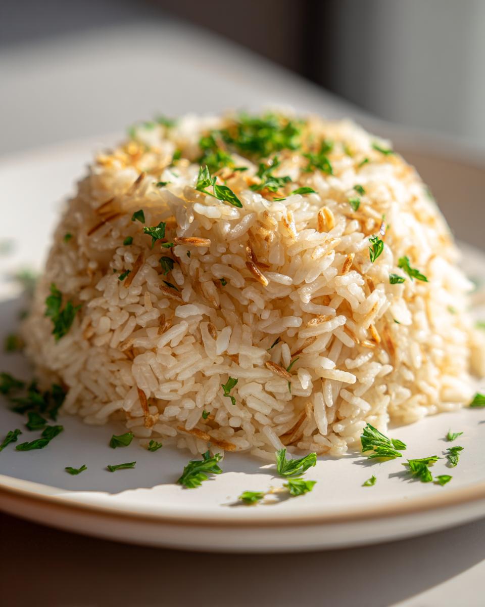 A mound of fluffy rice pilaf, featuring toasted vermicelli and topped with fresh chopped parsley.