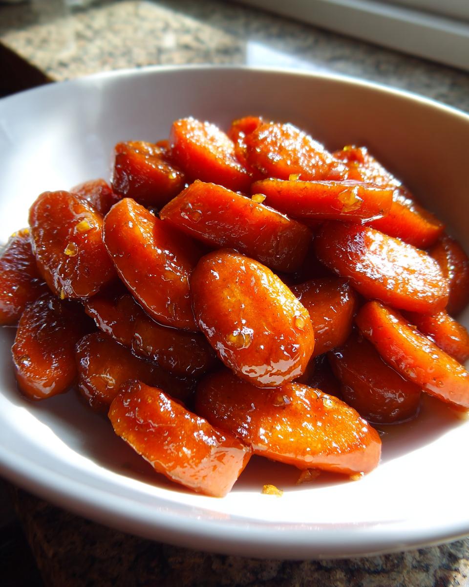 A close-up of bright orange, sweet glazed carrots piled high in a white serving bowl.