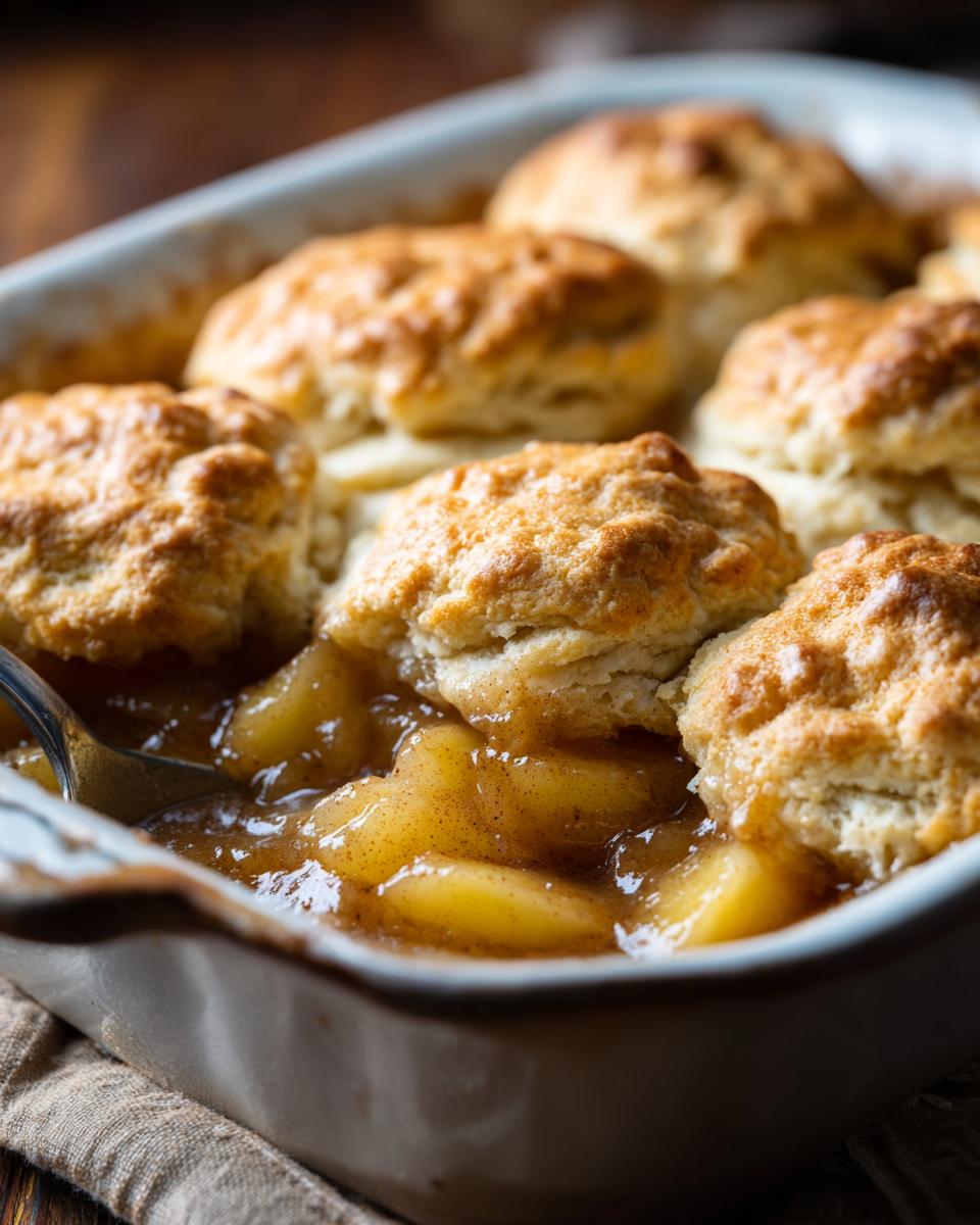 A close-up view of a freshly baked apple cobbler with golden biscuits nestled over warm, spiced apple filling.