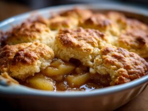 Close-up of a freshly baked apple cobbler showing warm, saucy apples beneath a golden, biscuit-like topping.