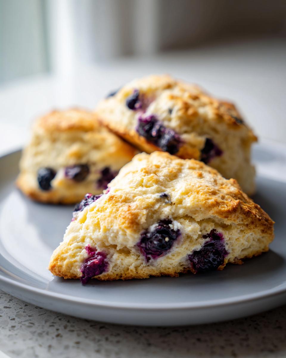 Close-up of three golden baked blueberry scones stacked on a grey plate, showing juicy blueberries inside.