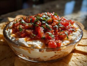 A clear glass bowl filled with creamy bruschetta dip, topped generously with diced tomatoes and fresh basil.