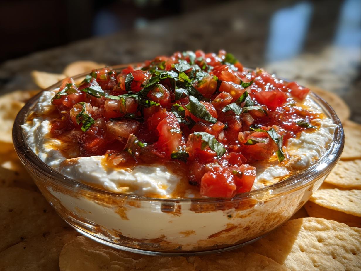 A clear glass bowl filled with creamy bruschetta dip, topped generously with diced tomatoes and fresh basil.