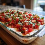 Close-up of a layered bruschetta dip in a clear glass dish, topped with fresh diced tomatoes and basil.