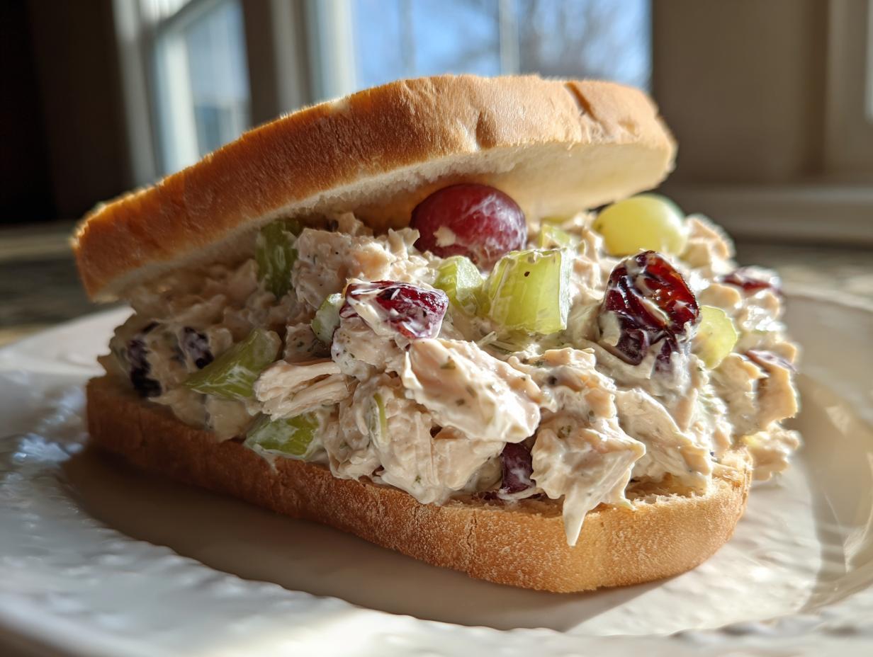 A close-up of a generously filled chicken salad sandwich featuring grapes, celery, and dried cranberries on soft white bread.