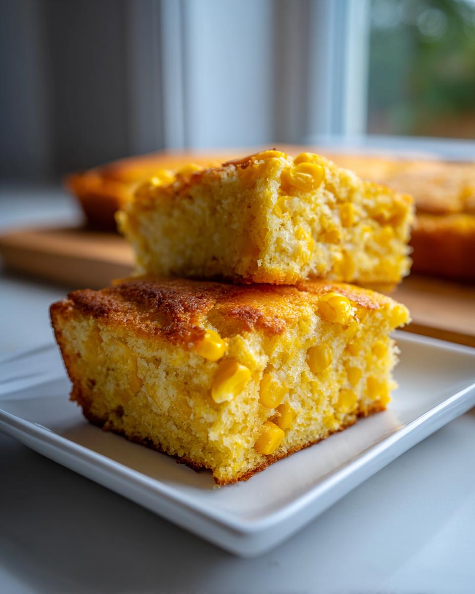 Two stacked squares of moist cornbread casserole loaded with whole corn kernels on a white plate.