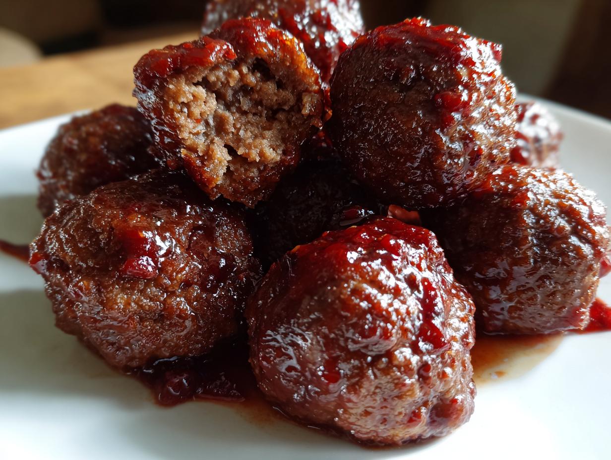 A close-up stack of glossy, saucy cranberry meatballs, with one meatball broken open showing the texture inside.