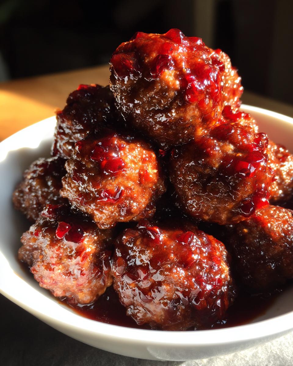Close-up of savory cranberry meatballs piled high in a white bowl, coated in a thick, glossy cranberry sauce.