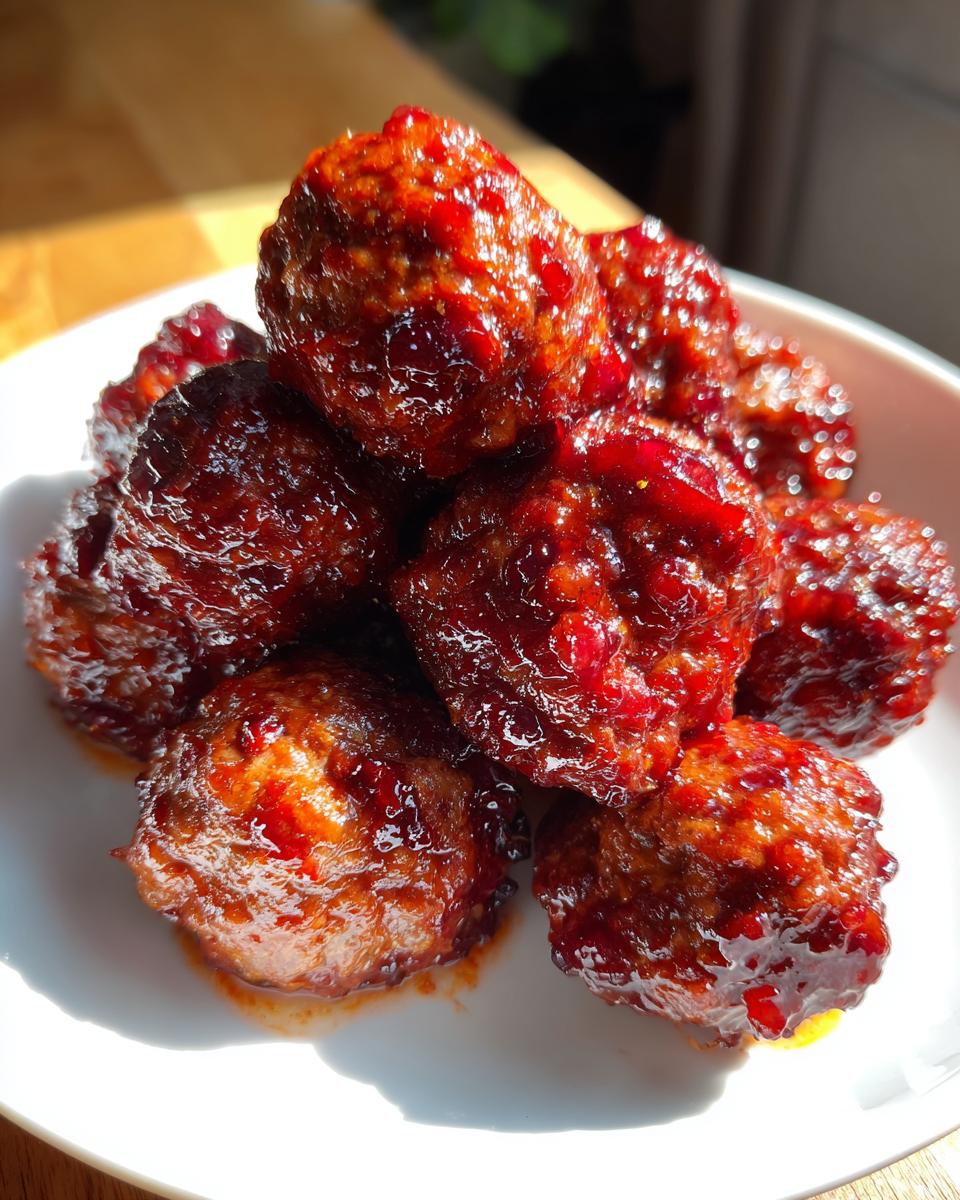 A close-up of several glossy, red-glazed cranberry meatballs piled high on a white serving dish.