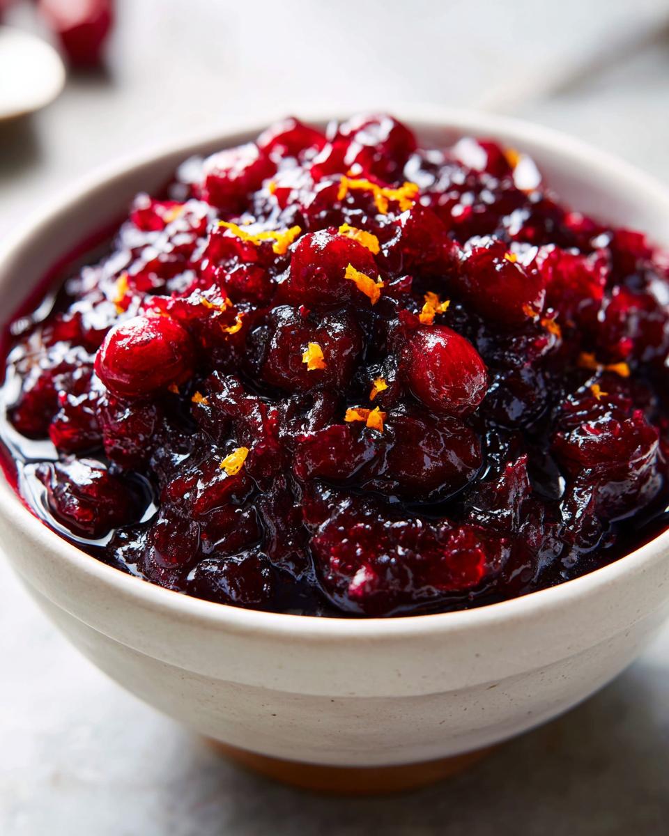 Close-up of rich, homemade cranberry sauce topped with bright orange zest in a white bowl.