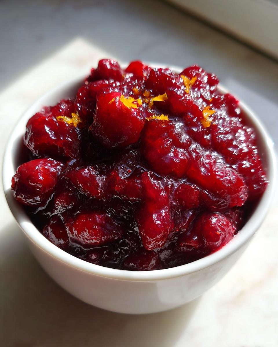 Close-up of bright red, chunky homemade cranberry sauce topped with orange zest in a white bowl.