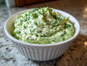 A close-up of a creamy, light green dill dip generously topped with fresh dill in a white fluted bowl.