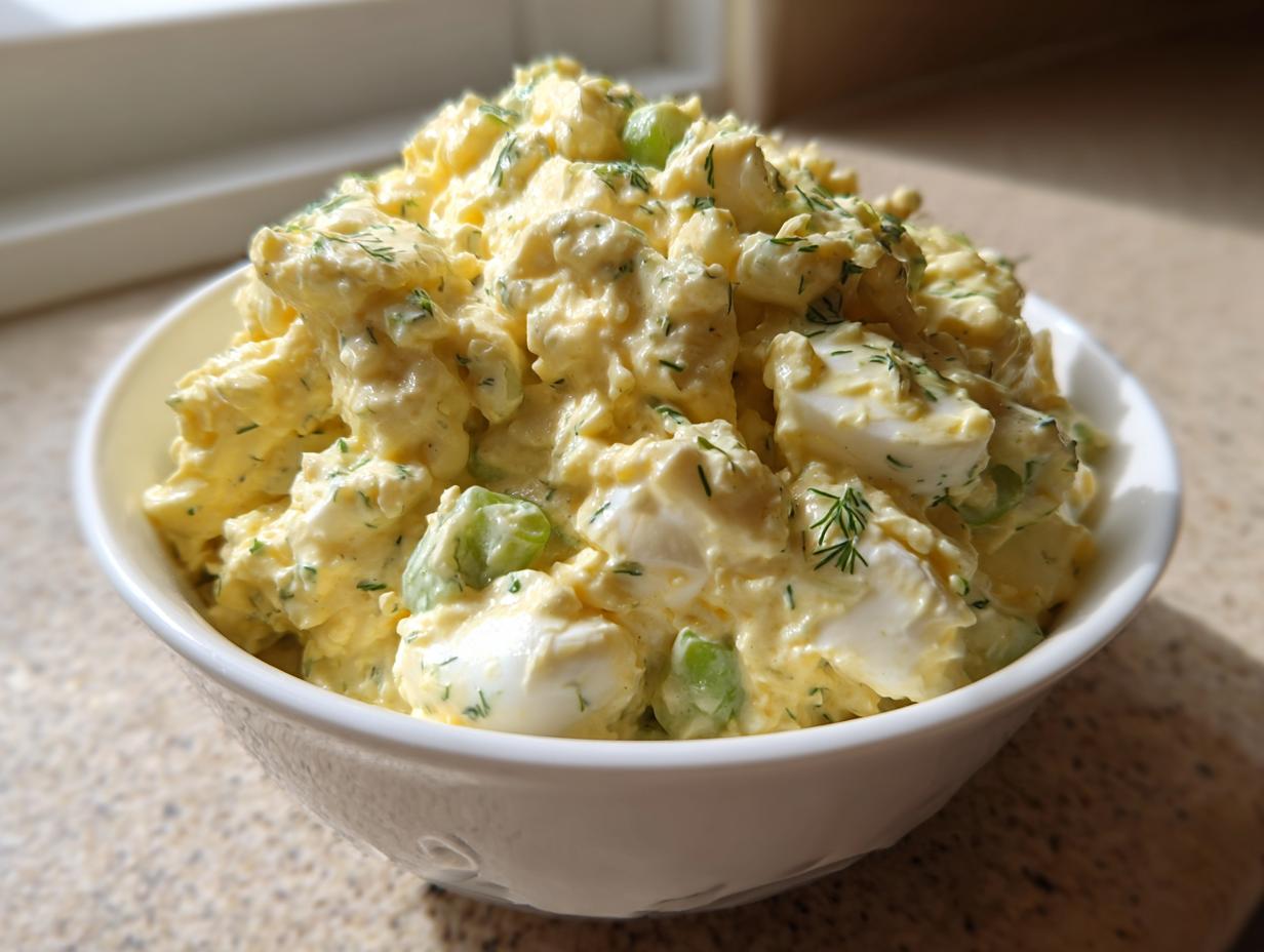 A close-up of a generous serving of creamy, yellow egg salad mixed with celery and topped with fresh dill in a white bowl.
