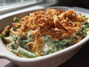 Close-up of a creamy green bean casserole topped generously with golden, crispy fried onions.