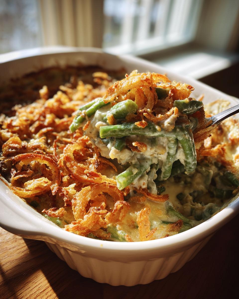 A spoonful of creamy green bean casserole topped with crispy fried onions being lifted from a white baking dish.