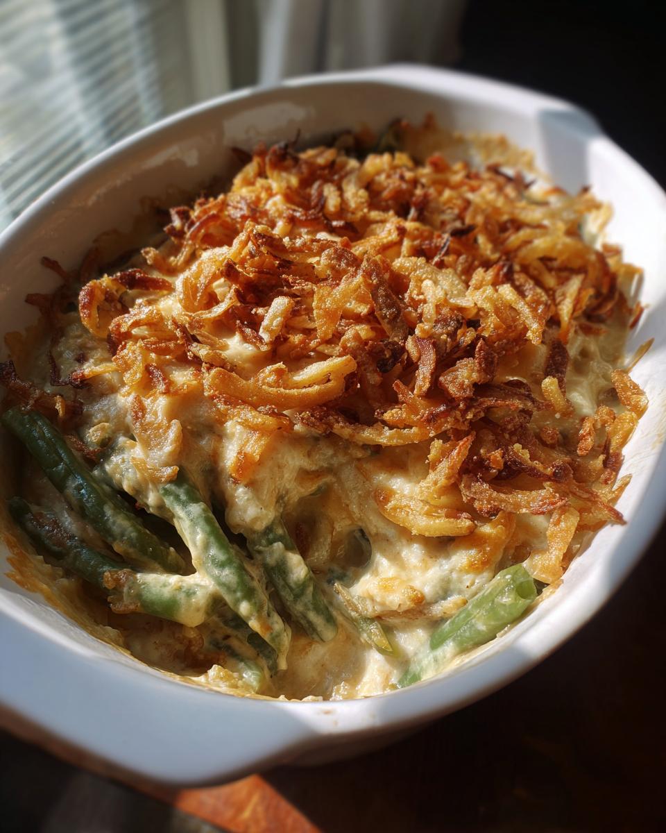 Close-up of a creamy green bean casserole topped generously with crispy fried onions in a white baking dish.